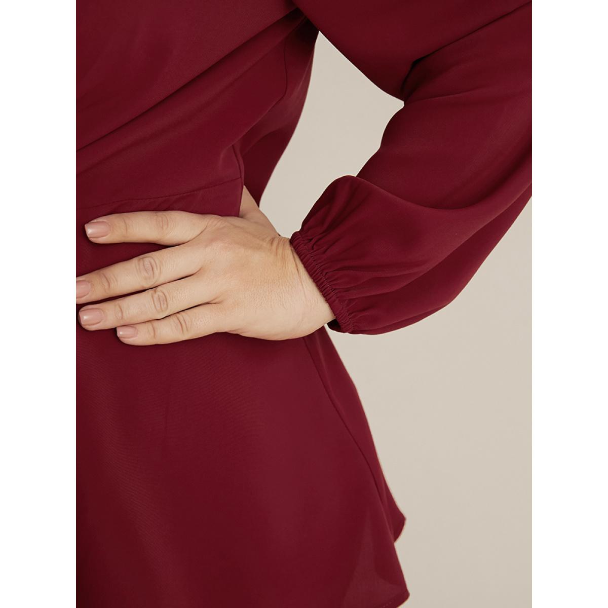 Plus Size Burgundy Solid V Neck Lantern Sleeve Knotted Front Blouse Women Elegant Long Sleeve V-neck Dailywear Blouses BloomChic 30/6X Product Image
