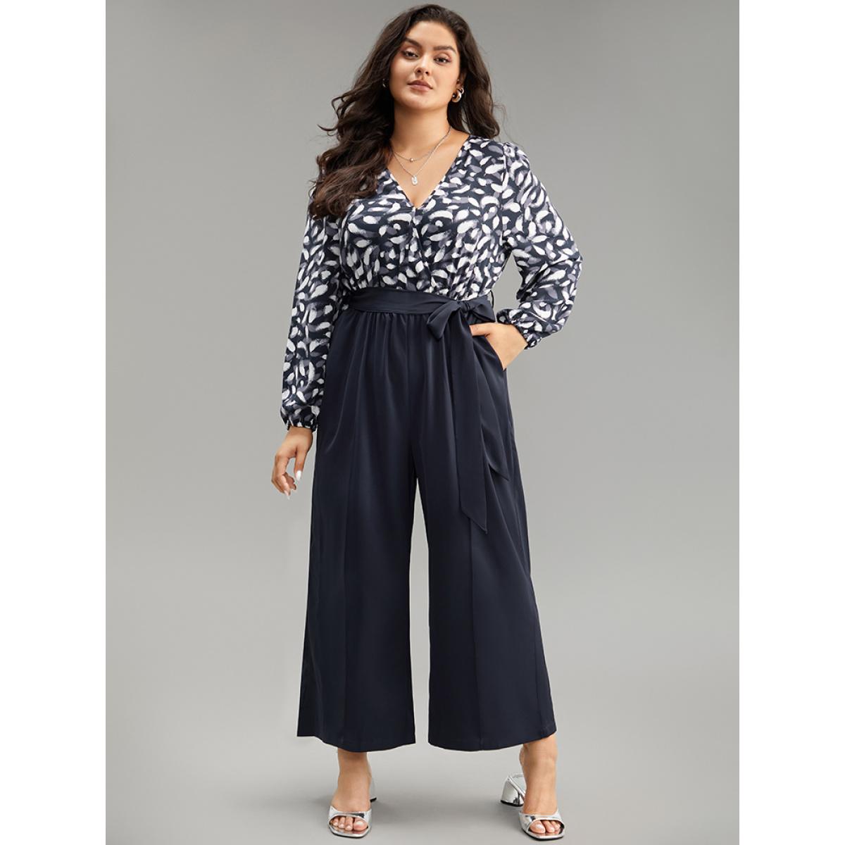 Plus Size Indigo Brush Print Patchwork Wrap Belted Jumpsuit Women Office Long Sleeve V-neck Festival-Christmas Loose Jumpsuits BloomChic 18-20/2X Product Image