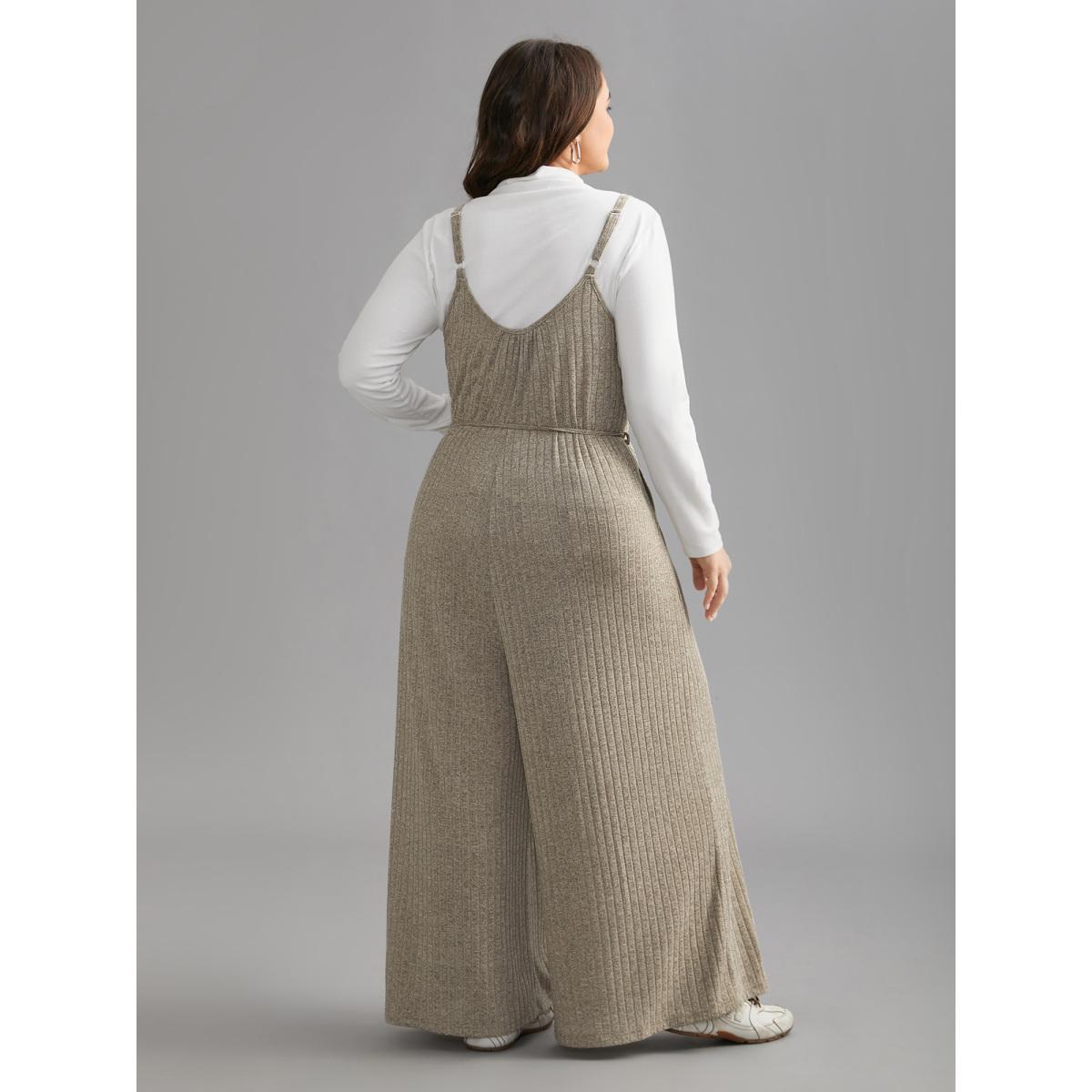 Plus Size Champagne Textured Waist-Tie Pockets Jumpsuit Women Lounge Sleeveless U-neck Everyday Loose Jumpsuits BloomChic 10/M Product Image