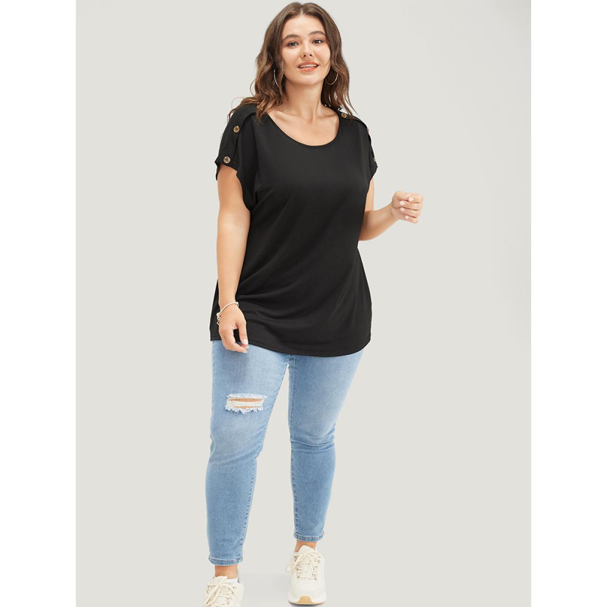 Plus Size Solid Button Detail Round Neck Batwing Sleeve T-shirt Black Women Casual Plain Round Neck Dailywear T-shirts BloomChic 12/L Product Image