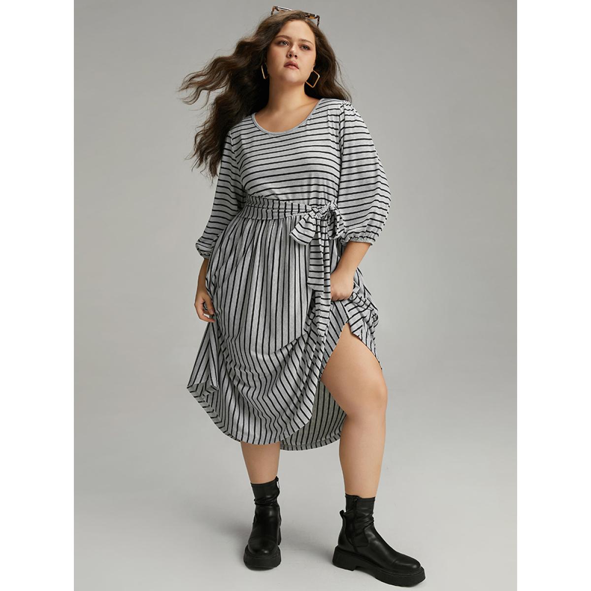Plus Size Striped Ties Lantern Sleeve Curved Hem Dress Gray Women Casual Elastic cuffs Round Neck Elbow-length sleeve Curvy Midi Dress BloomChic 18-20/2X Product Image