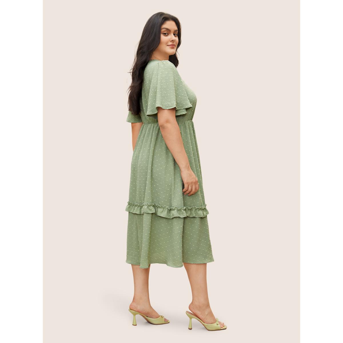 Polka Dot Shirred Plus Size Women Elegance Dress Plain Pocket Ruffle Sleeve Short Sleeve V Neck Pocket Dailywear Midi Dress BloomChic Product Image