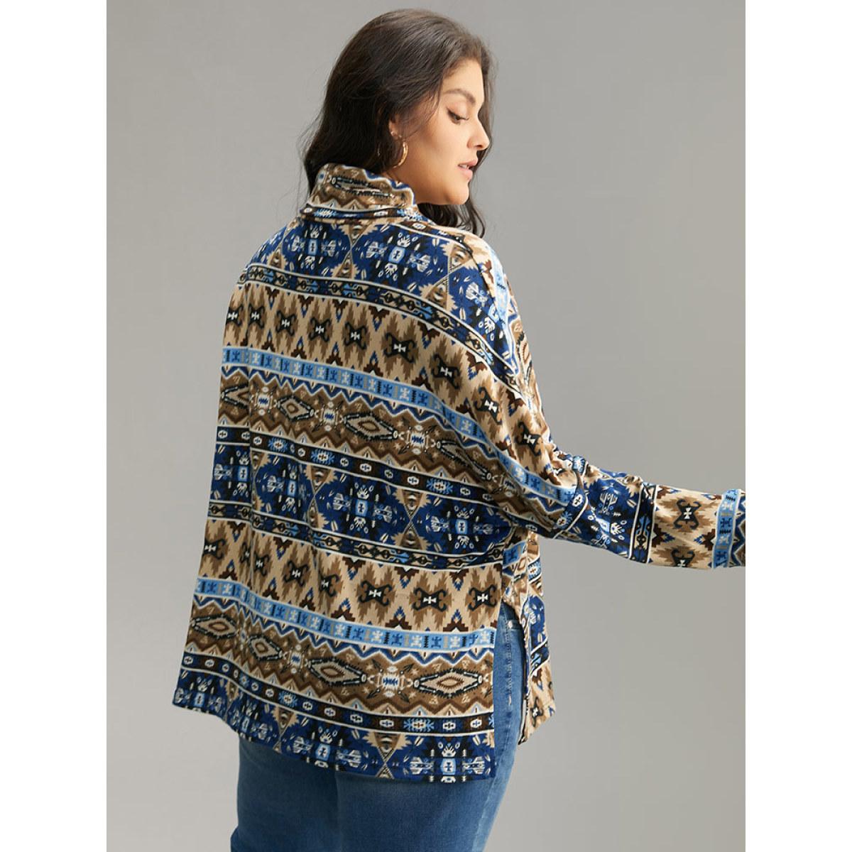 Plus Size Bandana Print Turtleneck Split Hem T-shirt Indigo Women Casual Printed Bohemian Print Turtleneck Dailywear T-shirts BloomChic 14-16/1X Product Image