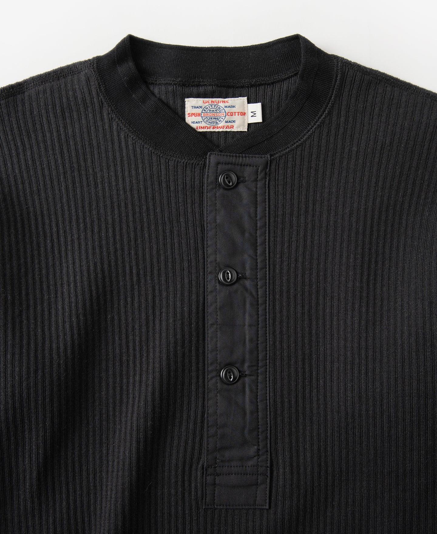 Ribbed Long Sleeve Henley T-Shirt - Black Product Image