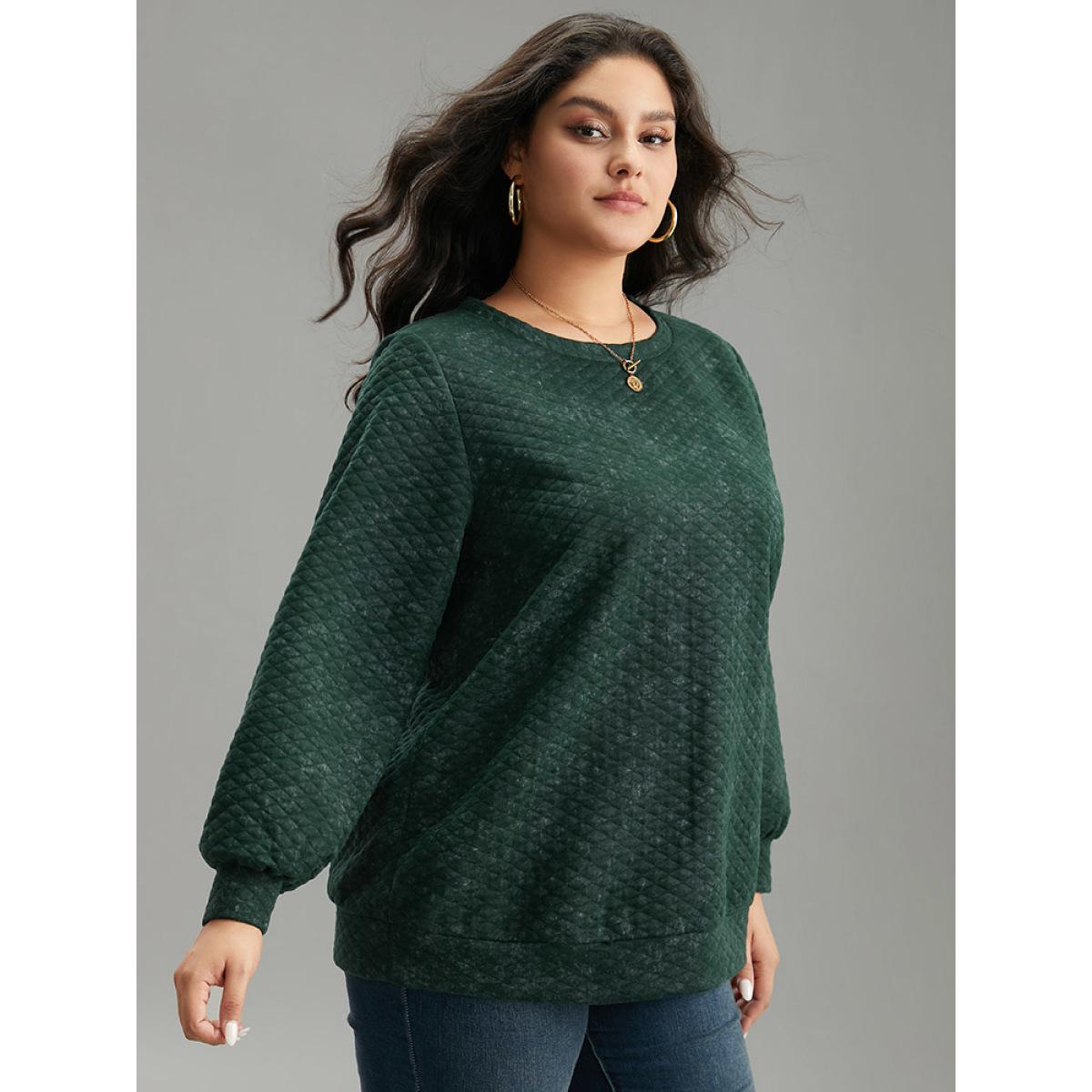 Plus Size Plain Textured Round Neck Sweatshirt Women Green Casual Texture Round Neck Dailywear Sweatshirts BloomChic 18-20/2X Product Image