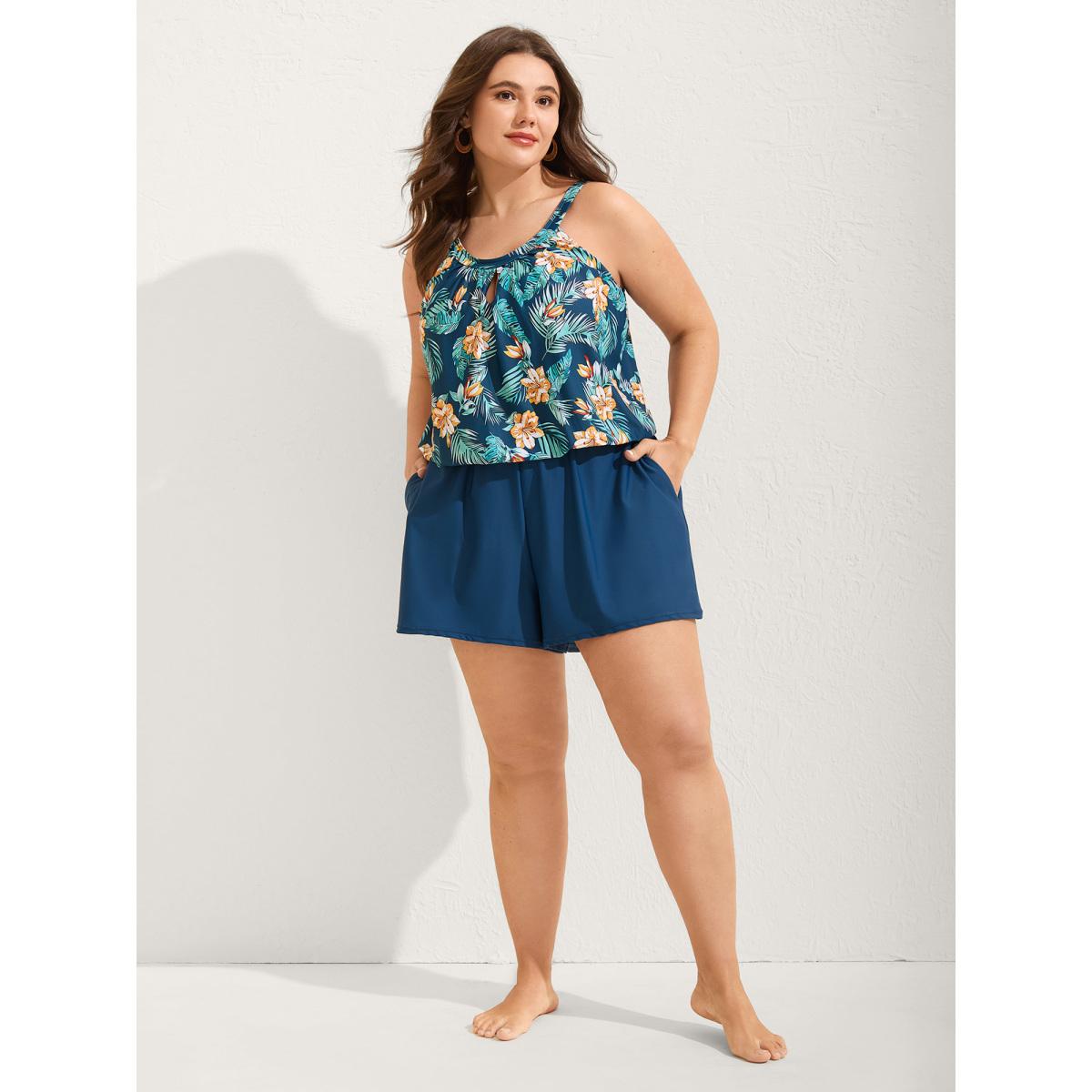 Plus Size Floral Print Keyhole Pockets Swim Romper Women's Swimwear DarkBlue Resort Curve Bathing Suits High stretch One Pieces BloomChic 30/6X Product Image