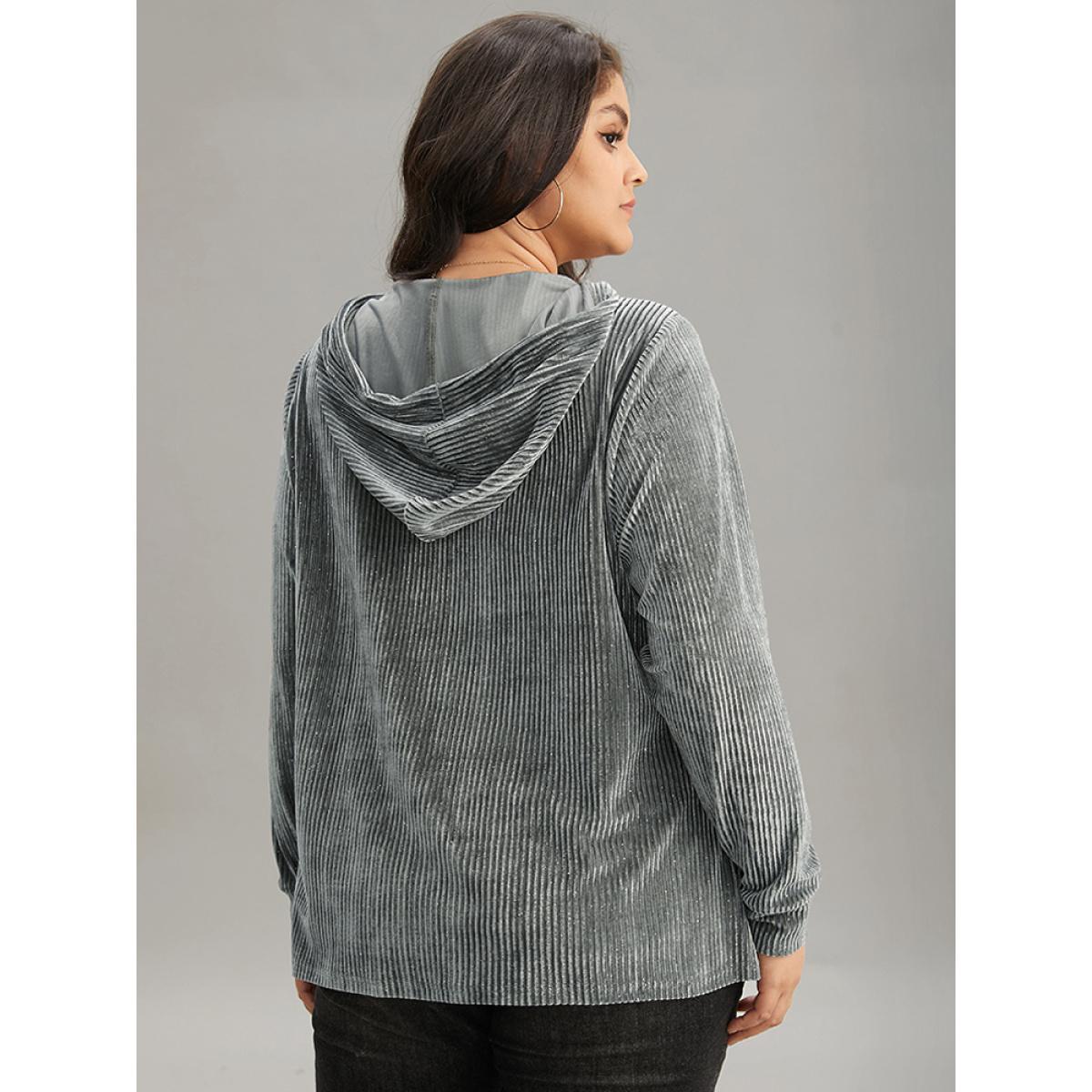 Plus Size Glitter Zipper Pocket Hooded Corduroy Sweatshirt Women SlateGray Casual Velvet Hooded Dailywear Sweatshirts BloomChic 26/4X Product Image