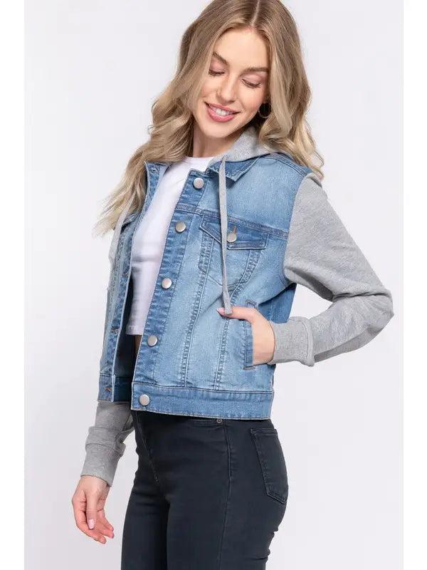 Long Sleeve Contrast Terry Sleeve with Hoodie Denim Jacket Product Image