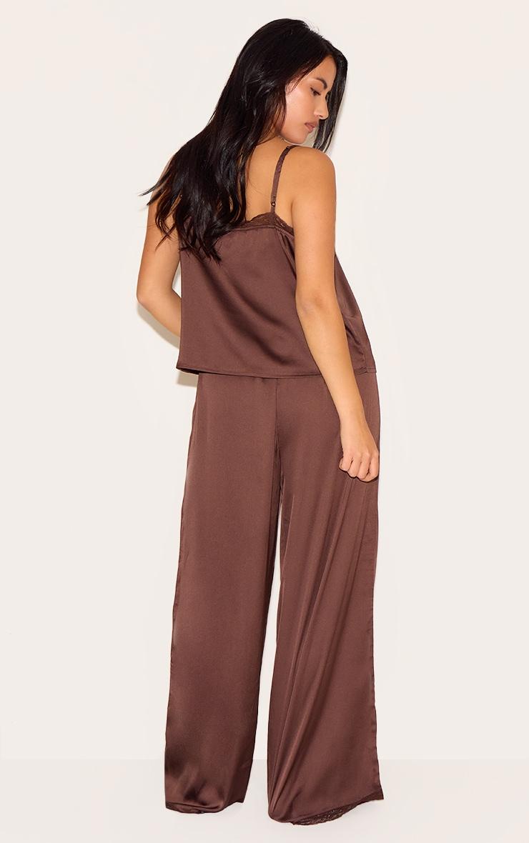 Plus Chocolate Satin Lace Trim Cami Long Pj Set Product Image