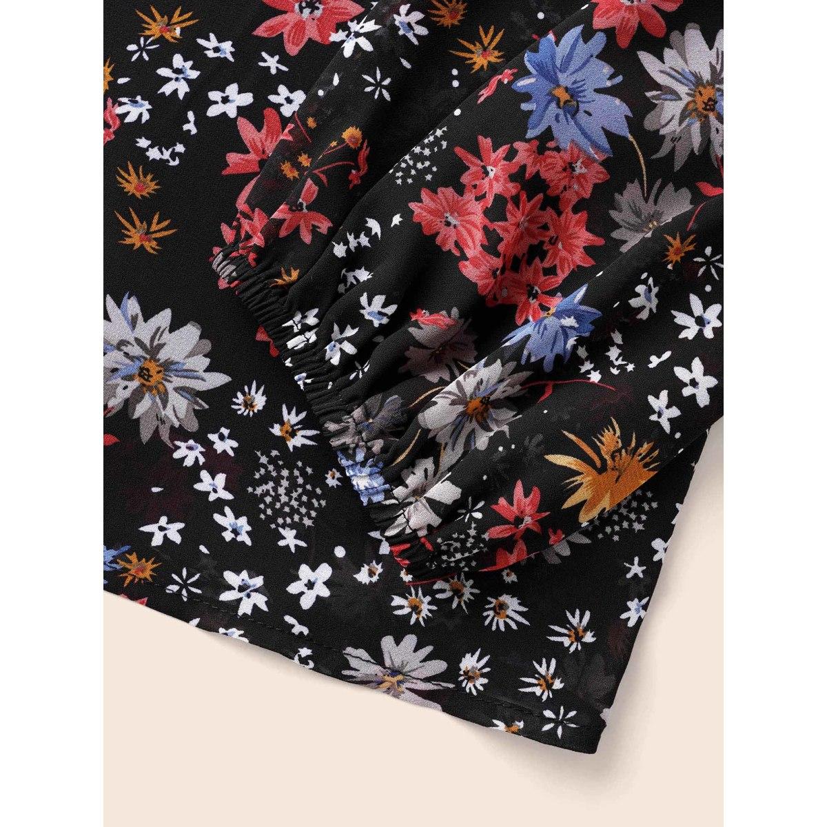 Plus Size Black Chiffon Floral Tie Knot Ruffle Trim Blouse Women Elegant Long Sleeve V-neck Everyday Blouses BloomChic 22-24/3X Product Image