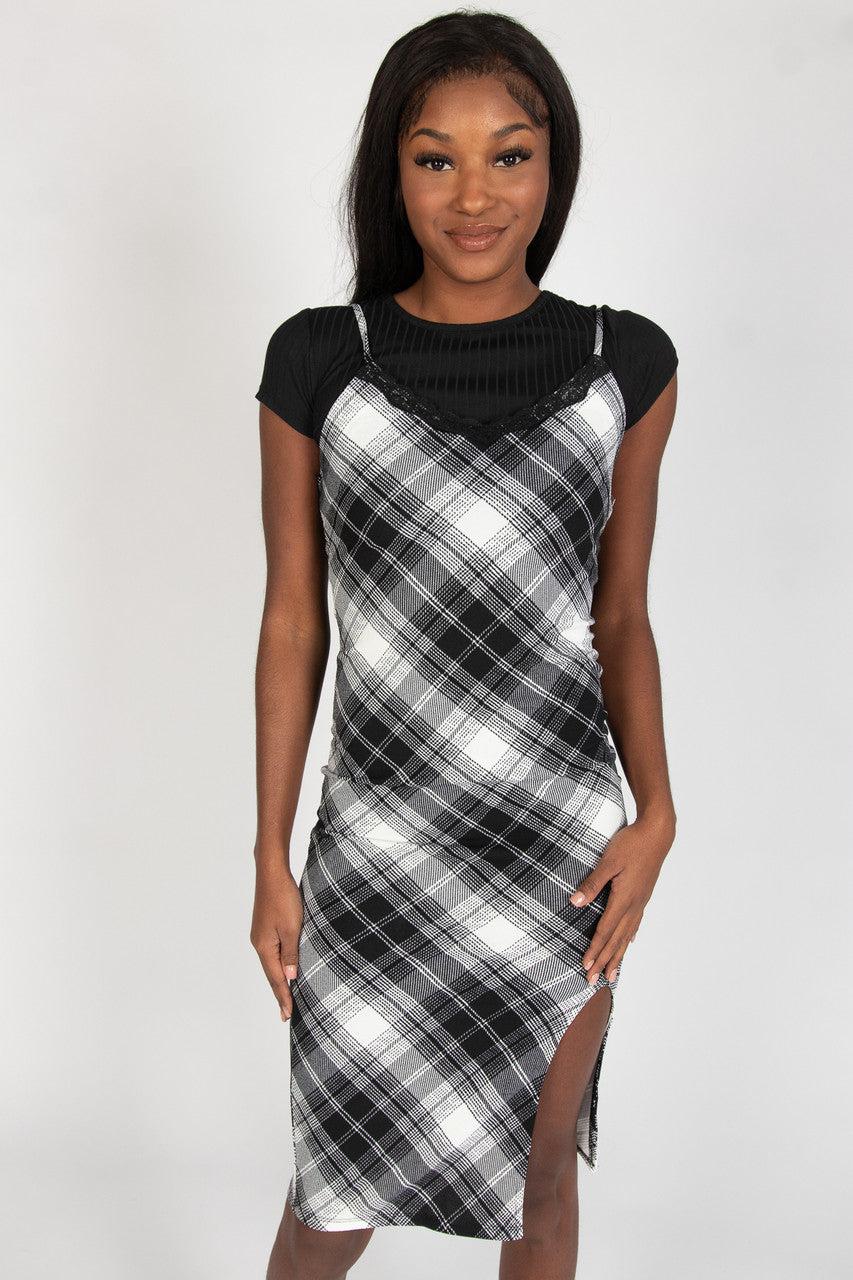 Lace Trim Plaid Midi Dress With Tee Product Image