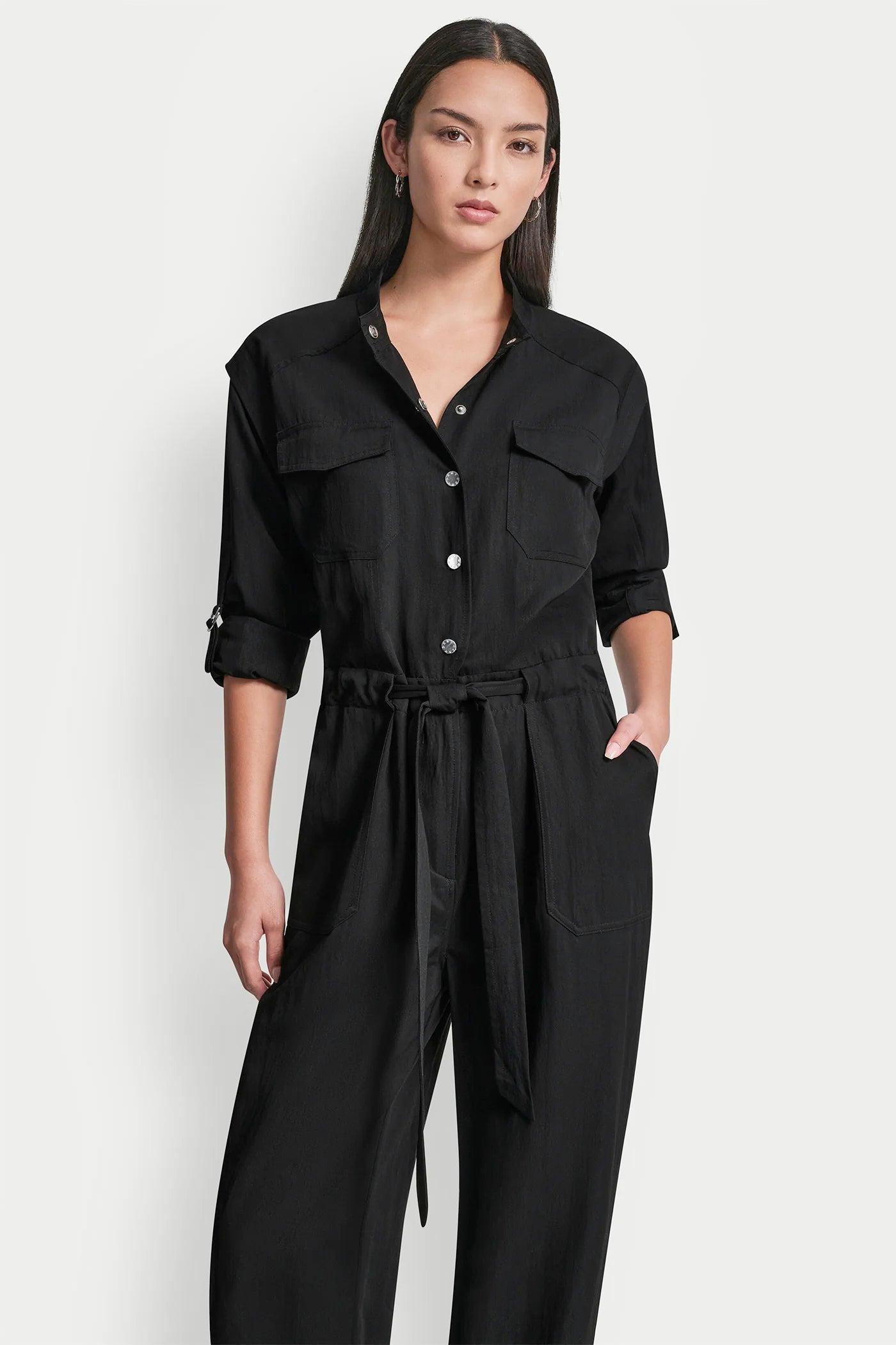 COLLARLESS BUTTON-FRONT JUMPSUIT Product Image