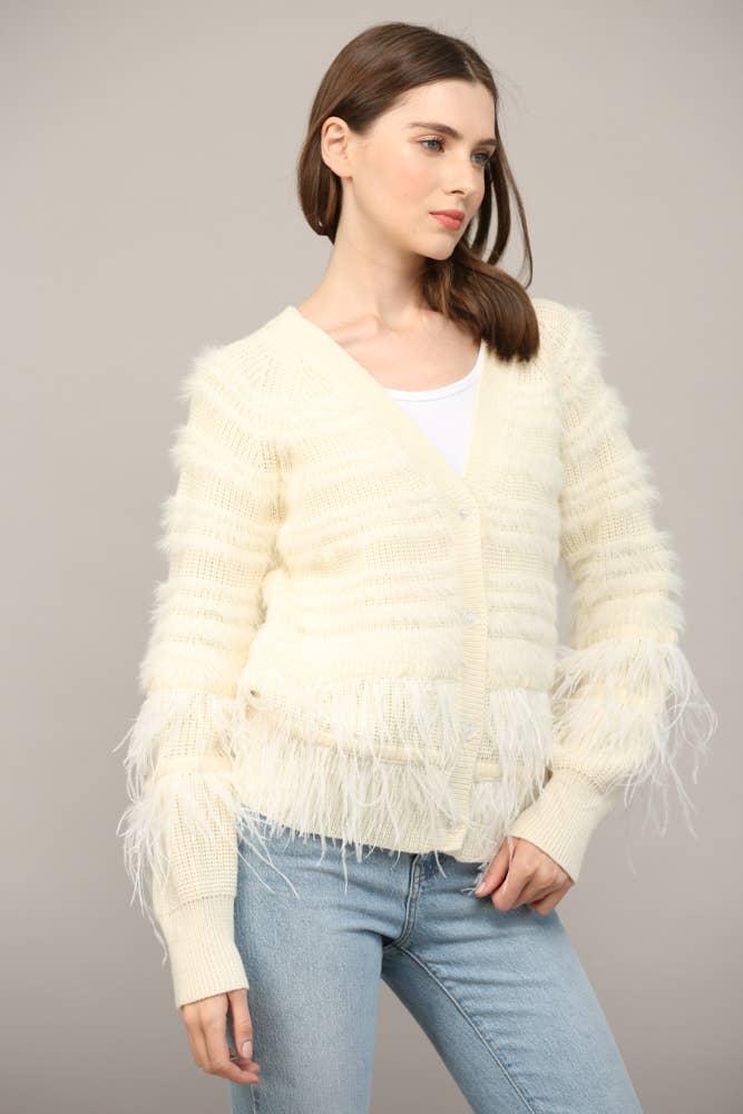 Feather Trim Wool Blend Cardigan Product Image