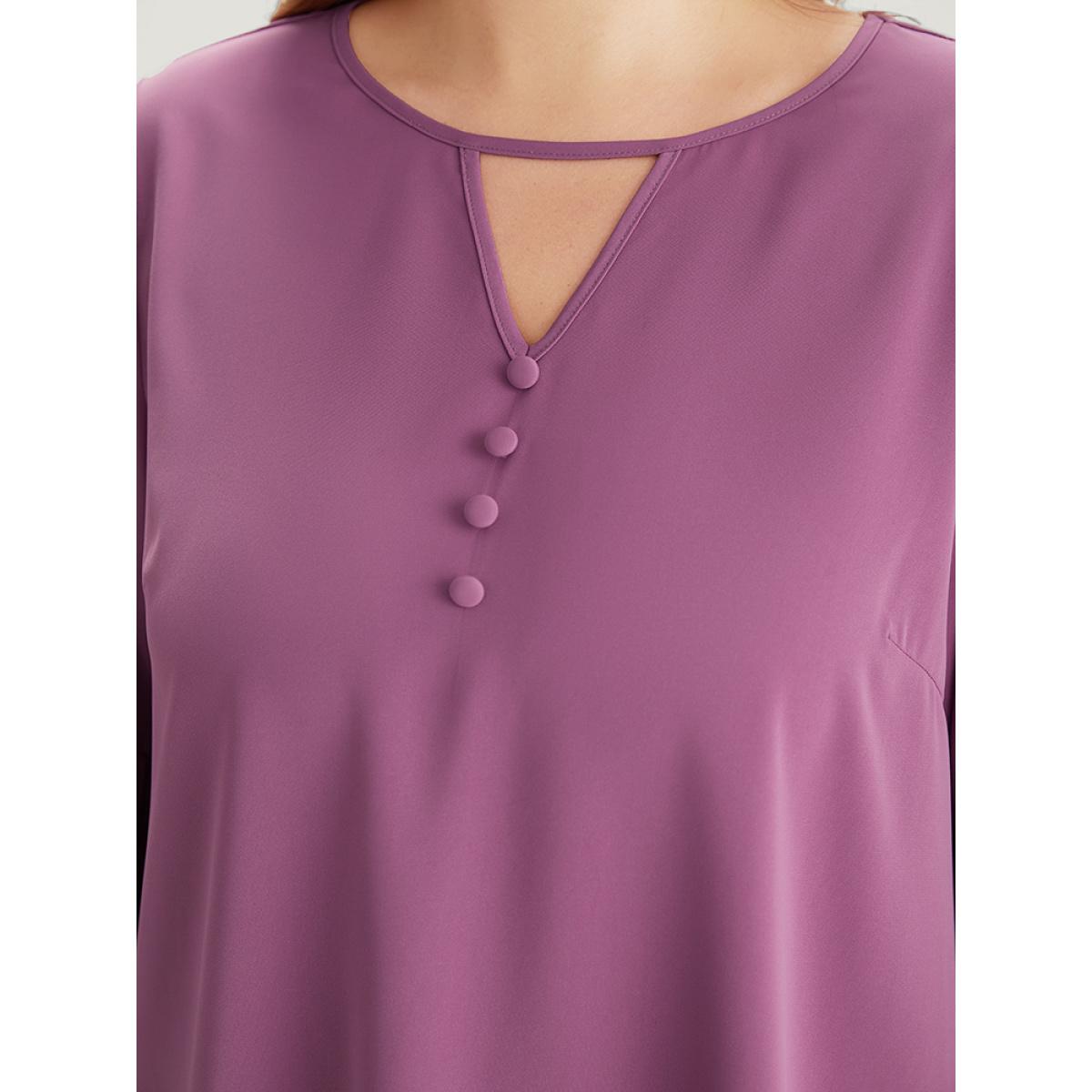 Plus Size Mauve Plain Keyhole Bell Sleeve Button Detail Blouse Women Office Elbow-length sleeve V-neck Office Blouses BloomChic 30/6X Product Image