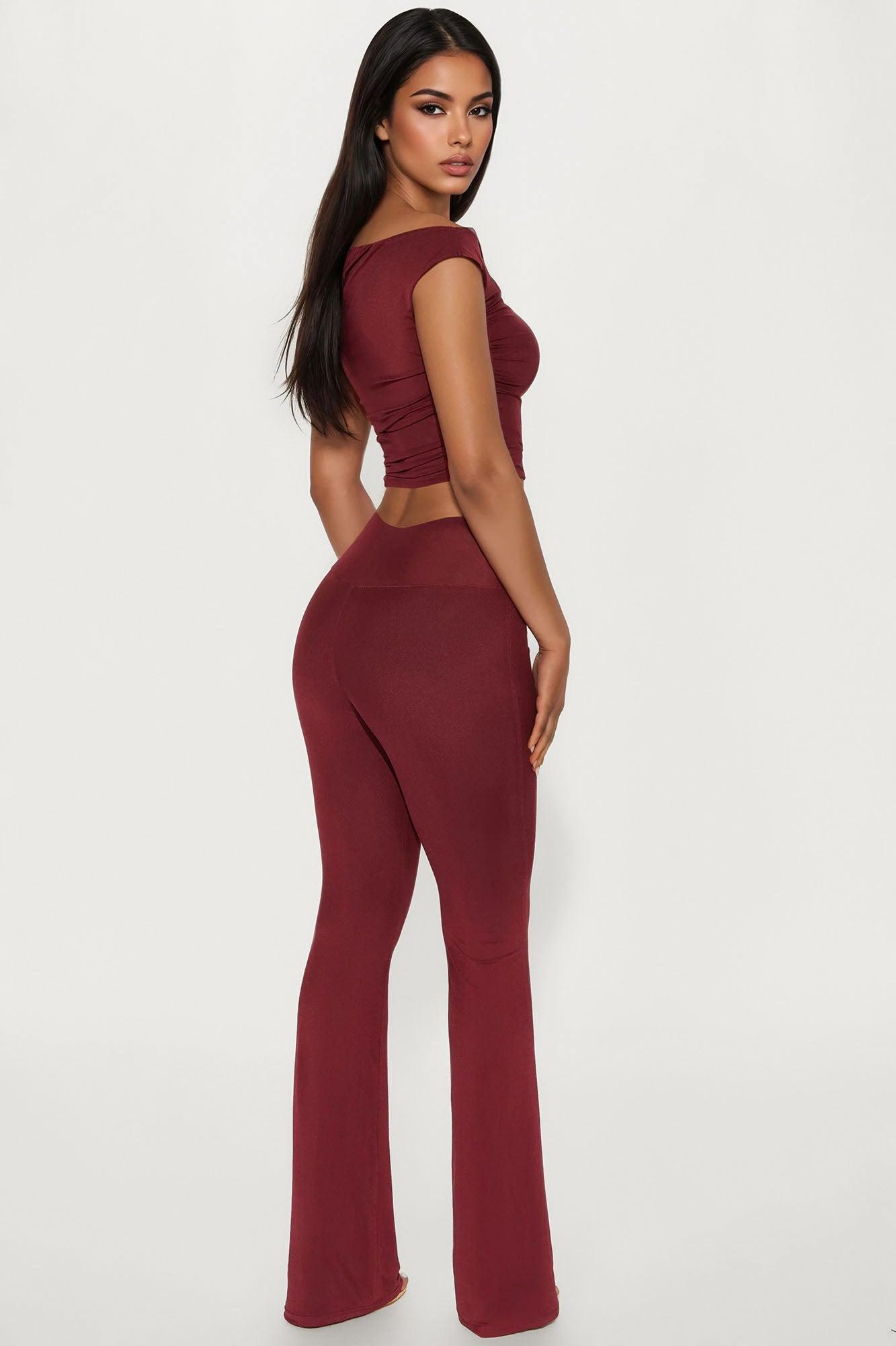Emily Mesh Off The Shoulder Pant Set - Burgundy Female Product Image