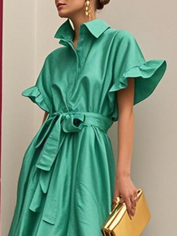 Flared Sleeves Loose Pleated Solid Color Split-Joint Tied Waist Lapel Maxi Dresses Shirt Dress Product Image