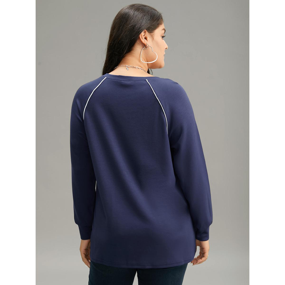 Plus Size Supersoft Essentials Contrast Trim Raglan Sleeve Sweatshirt Women DarkBlue Casual Elastic cuffs Round Neck Dailywear Sweatshirts BloomChic 18-20/2X Product Image
