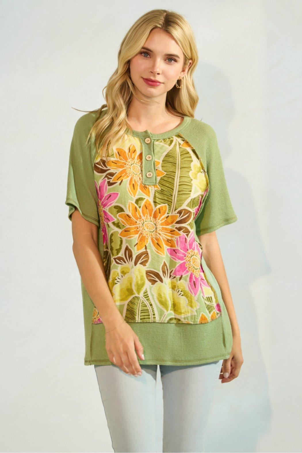 Floral Knit Button Front Short Sleeve Top Product Image