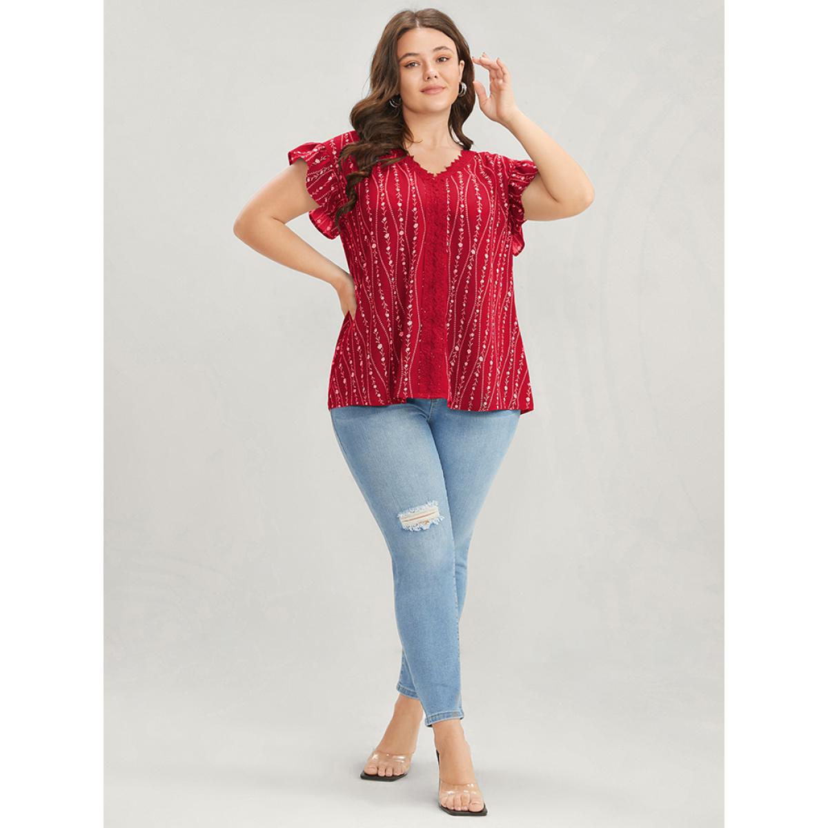 Plus Size Scarlet Floral Contrast Lace Ruffle Trim Blouse Women Elegant Short sleeve V-neck Dailywear Blouses BloomChic 10/M Product Image