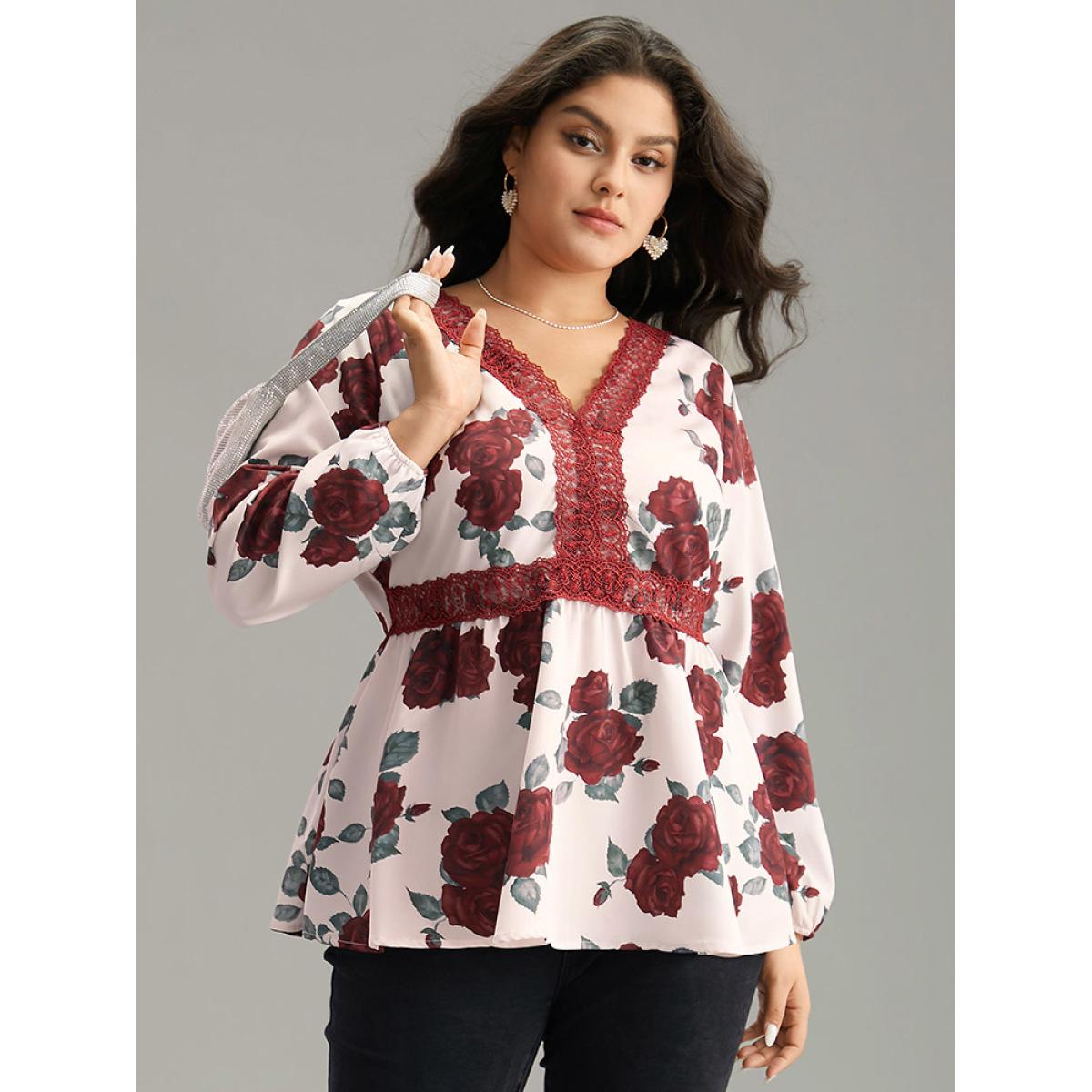 Plus Size Scarlet Floral Print Eyelet Lace Lantern Sleeve Blouse Women Glamour Long Sleeve V-neck Going out Blouses BloomChic 10/M Product Image