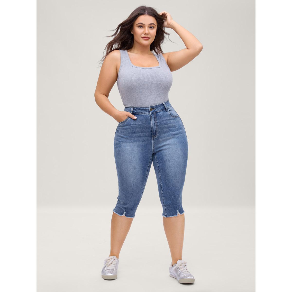 Plus Size No-Gap Waist Stretchy Faded Jeans Women Midblue Casual High stretch Slanted pocket Jeans BloomChic 20/2X Product Image