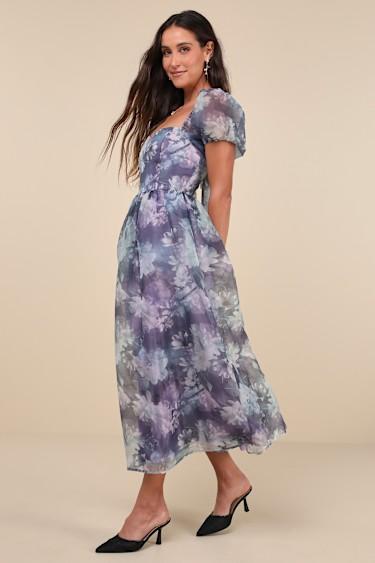Lovely Statement Purple Floral Organza Tie-Back Midi Dress Product Image