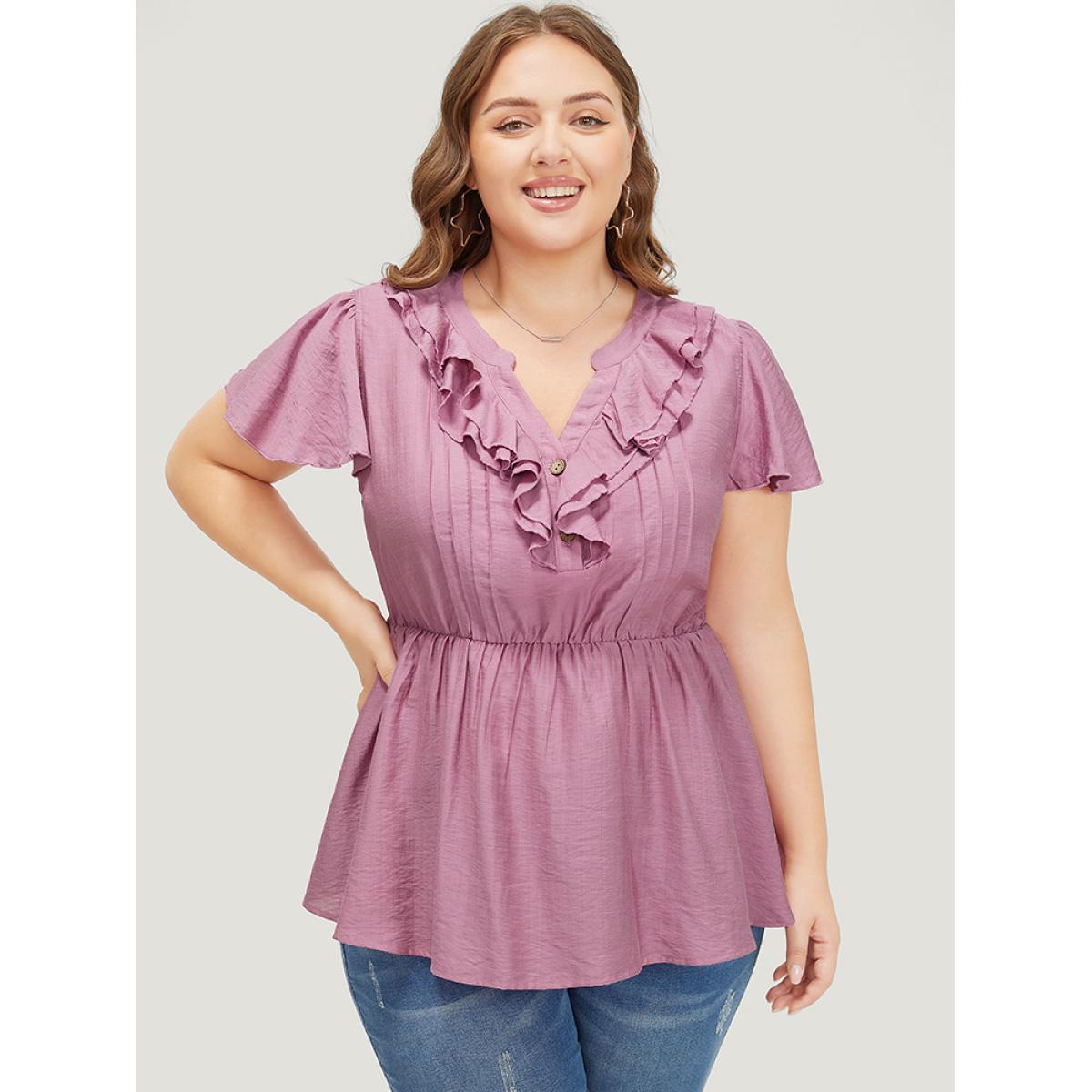 Plus Size Mauve Solid Pleated Button Up Ruffle Tiered Blouse Women Elegant Short sleeve Notched collar Dailywear Blouses BloomChic 12/L Product Image