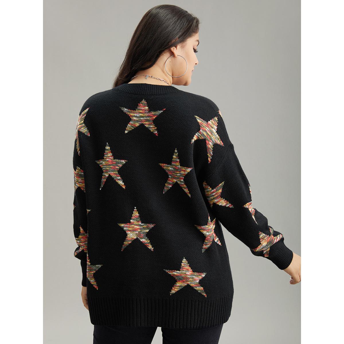 Plus Size Star Heather Elastic Cuffs Pullover Black Women Casual Loose Long Sleeve V-neck Dailywear Pullovers BloomChic 22-24/3X Product Image