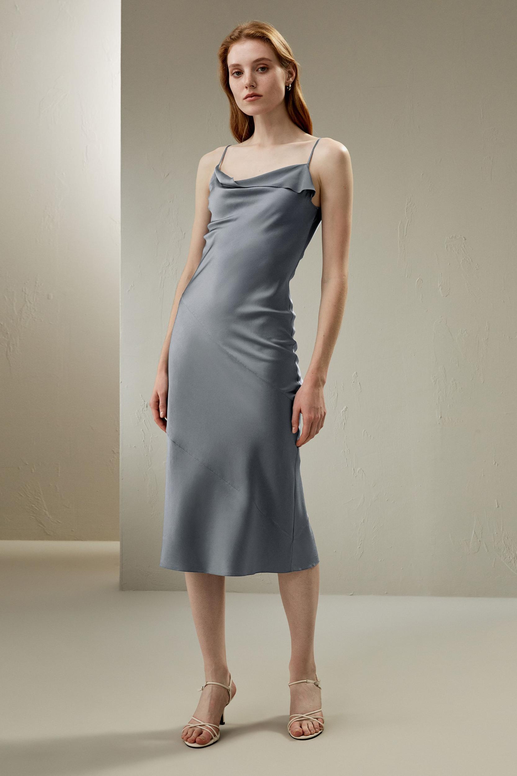 Cowl Neck Oblique-layered Silk Dress Product Image
