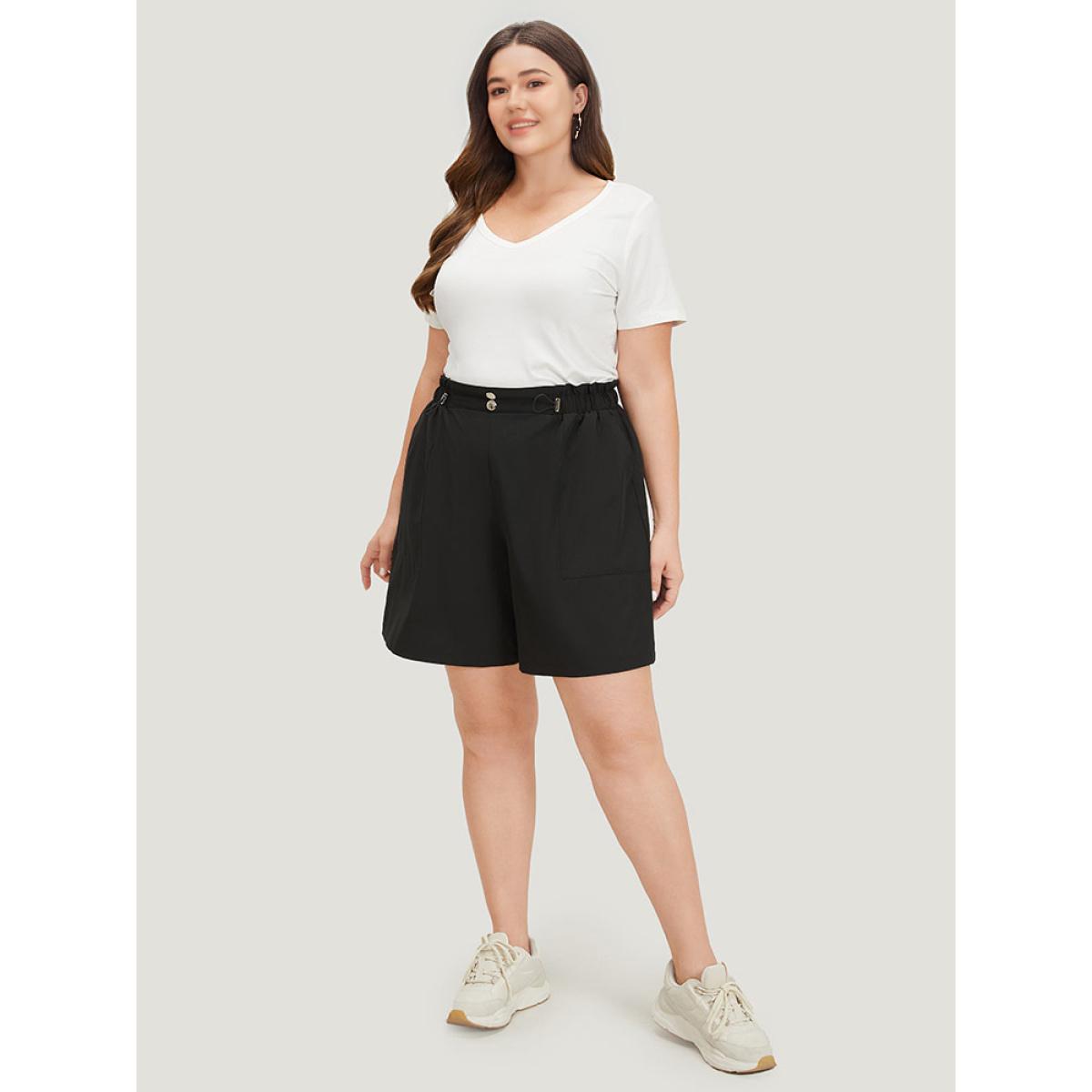 Plus Size Plain Button Detail Drawstring Slant Pocket Shorts Women Black Casual Drawstring Dailywear Shorts BloomChic 10/M Product Image