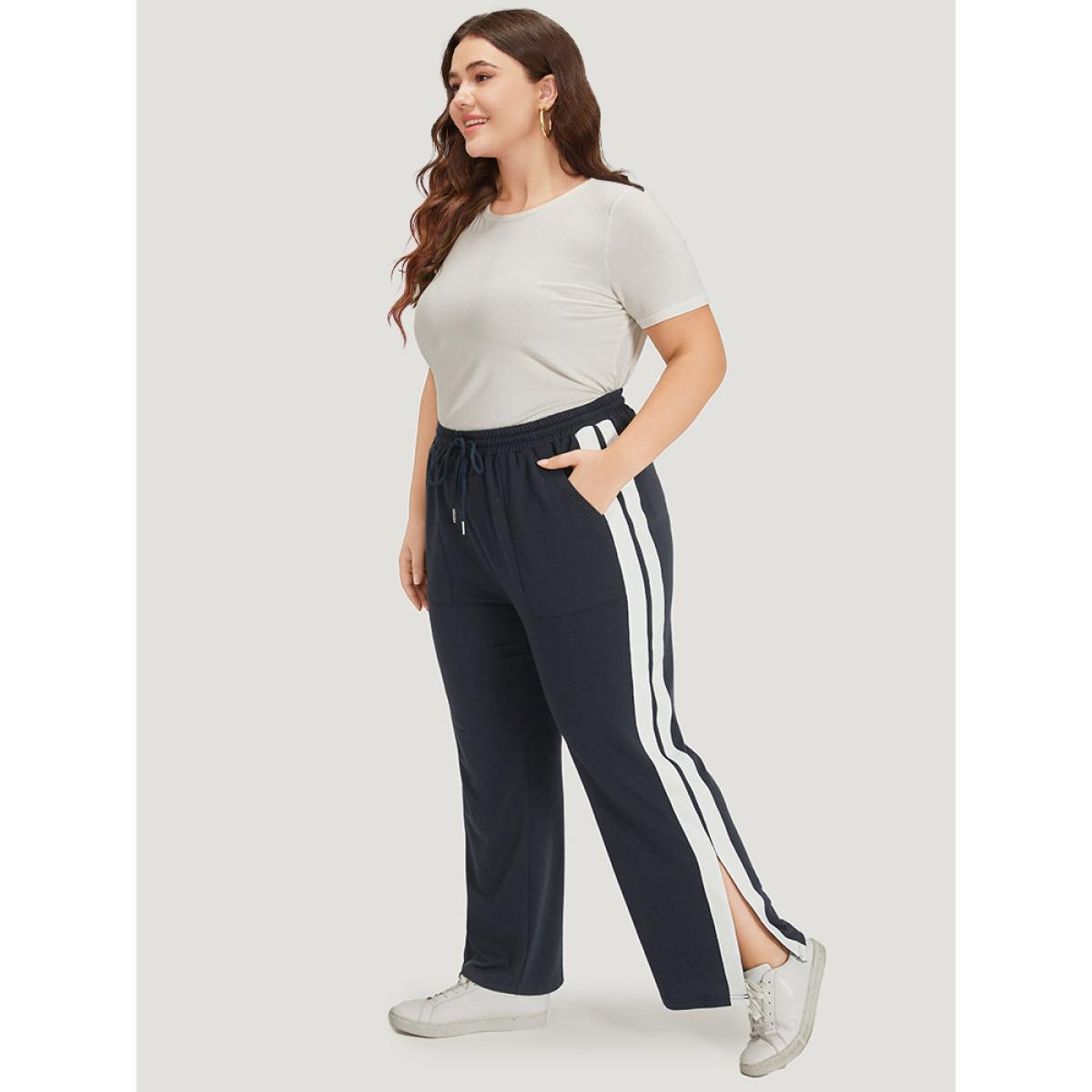 Two Tone Slant Pocket Bowknot Split Side Sweatpant Midnight Plus Size Women Casual Dailywear Contrast 10/M Bloomchic Product Image