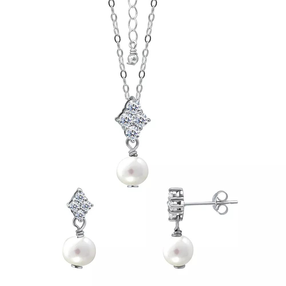 Aleure Precioso 18k Gold Over Silver Cubic Zirconia & Freshwater Cultured Pearl Drop Pendant Necklace & Earrings Set, Women's, Size: 18", Sterling Silver White Product Image