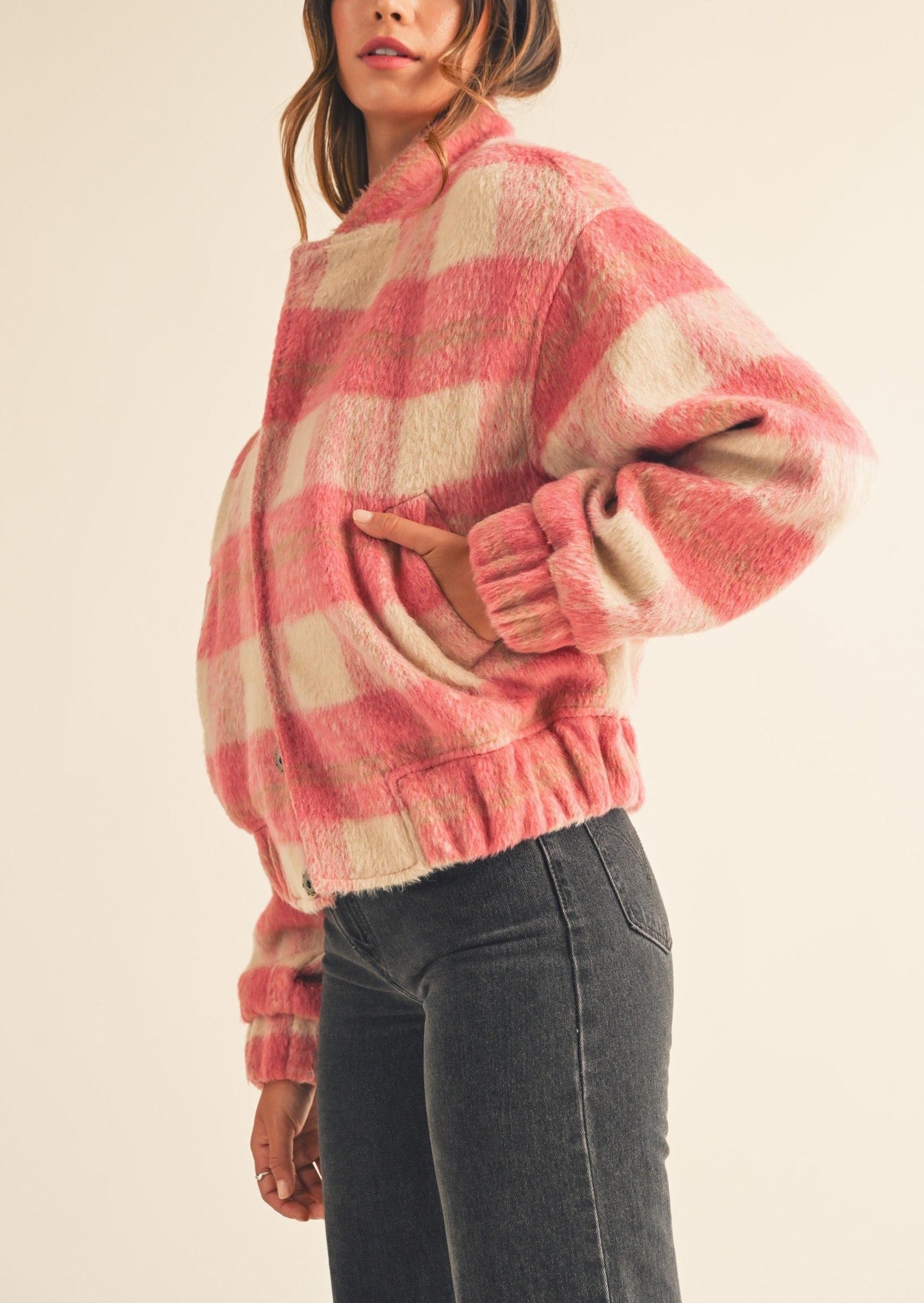 Fuzzy Plaid Bomber Jacket Product Image