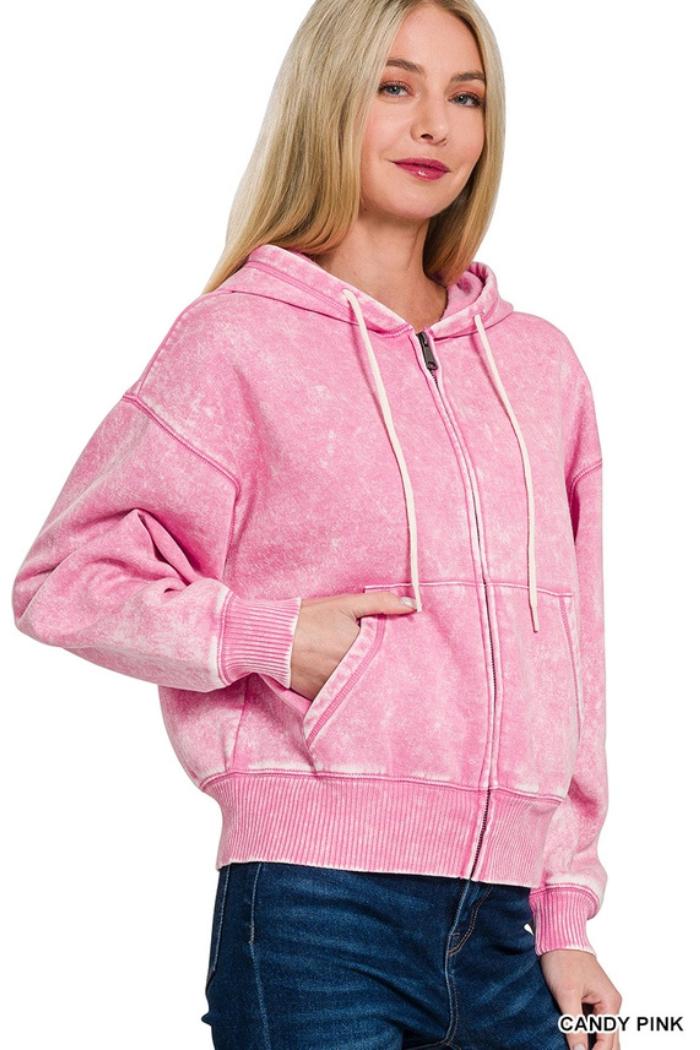 Acid wash fleece cropped zip-up hoodie w pockets Product Image