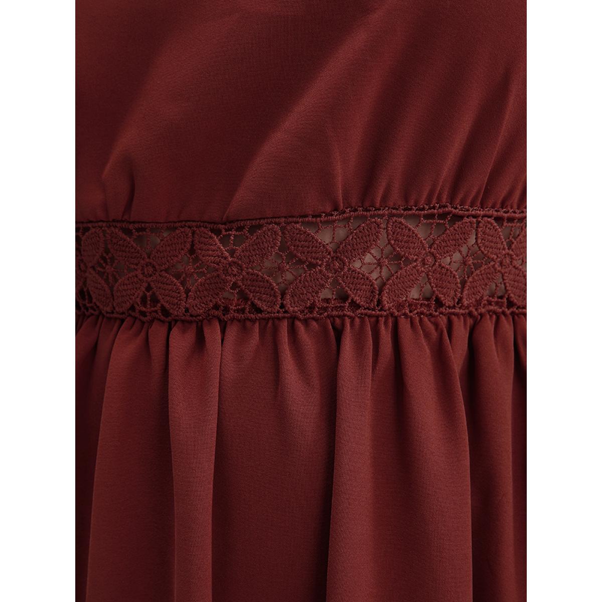 Plus Size Solid Pocket Lace Insert Lantern Sleeve Flutter Dress Scarlet Women Elegant V-neck Long Sleeve Curvy Midi Dress BloomChic 10/M Product Image