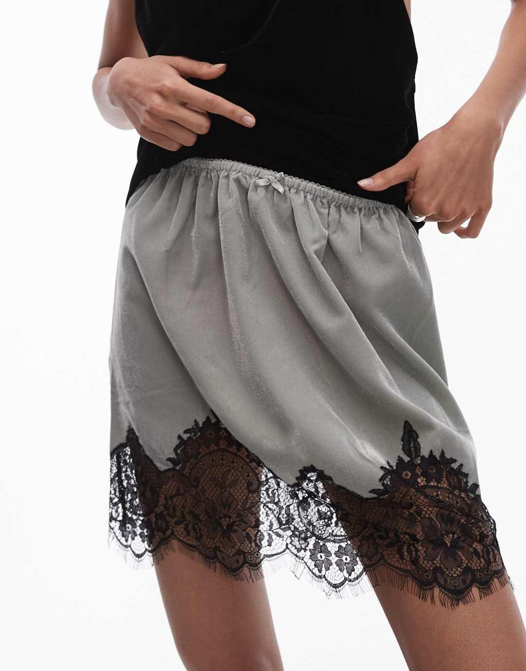 Topshop velvet mini skirt in silver sage with black lace trim Product Image