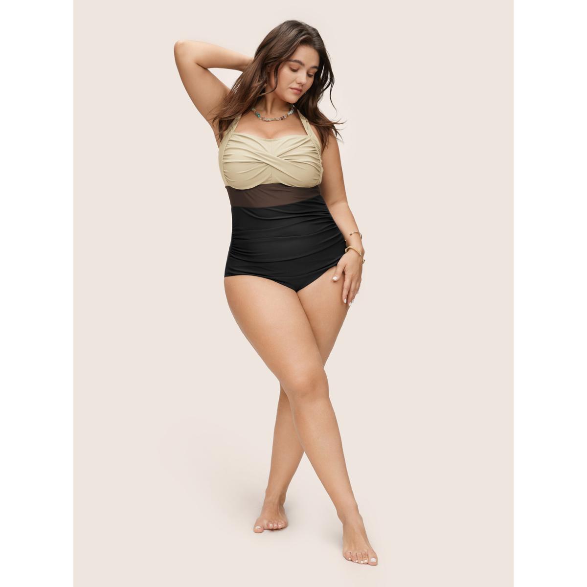 Plus Size Contrast Twist Front Tummy-Control One Piece Swimsuit Women's Swimwear LightBrown Beach Non Curve Bathing Suits High stretch One Pieces BloomChic 12/L Product Image