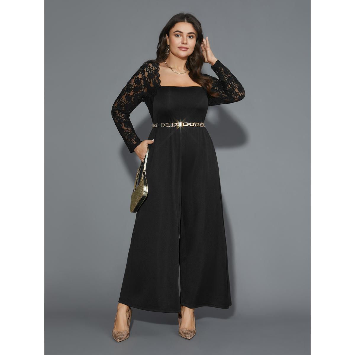 Plus Size Black Lace Mesh Sleeves Square Neck Jumpsuit Women Cocktail Long Sleeve Square Neck Party Loose Jumpsuits BloomChic 18-20/2X Product Image
