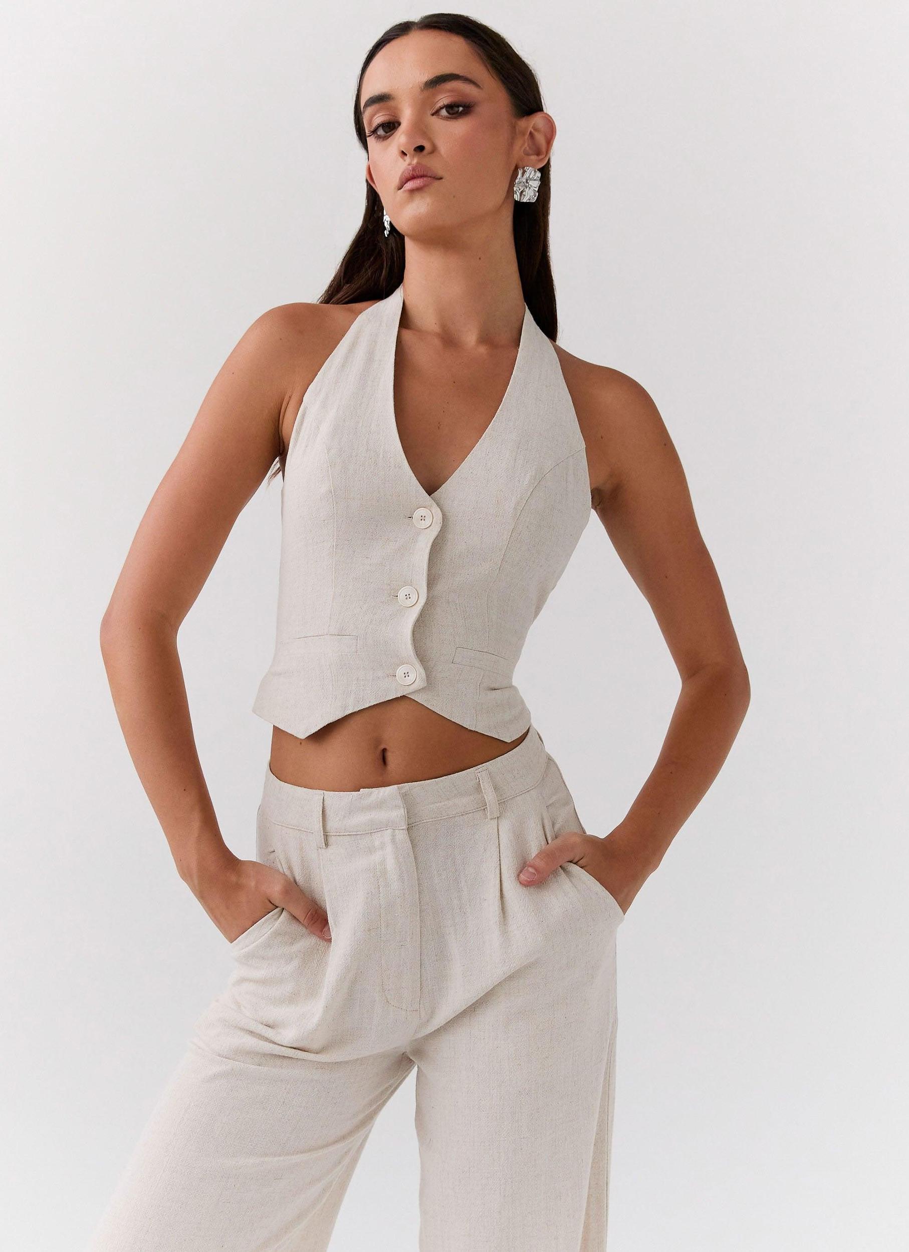 Ambrosa Halterneck Linen Vest - Oatmeal Product Image