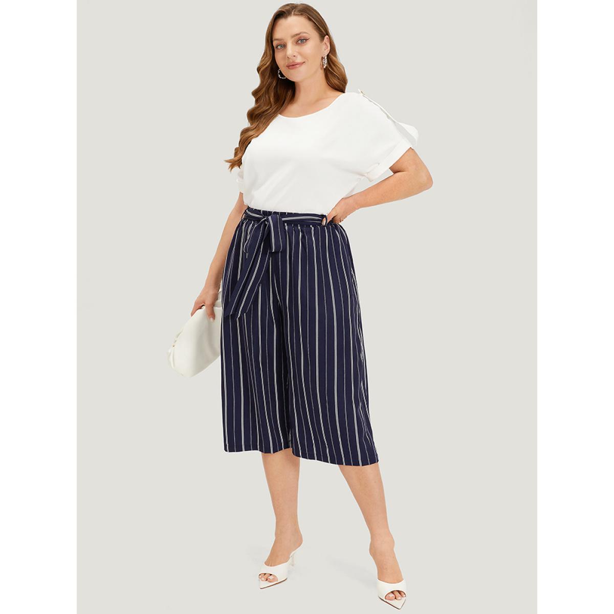 Plus Size Striped Belted Pocket High Rise Cropped Pants Women Indigo Office Straight Leg High Rise Office Pants BloomChic 14-16/1X Product Image