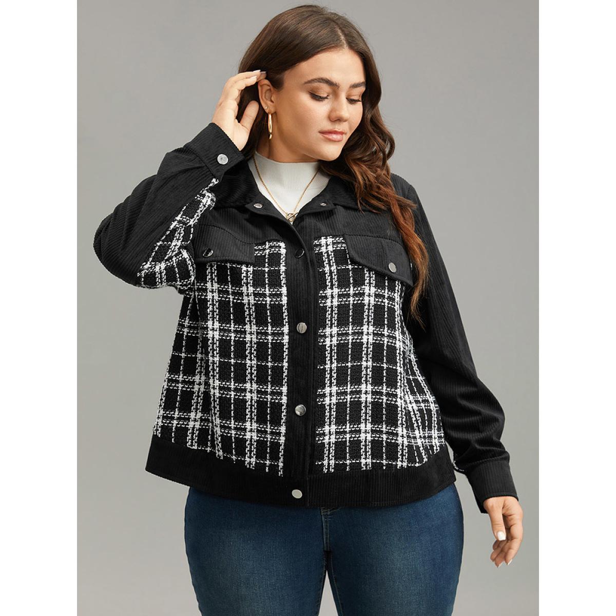Plus Size Plaid Metal Detail Patchwork Shacket Women Black Elegant Texture Ladies Everyday Winter Coats BloomChic 10/M Product Image