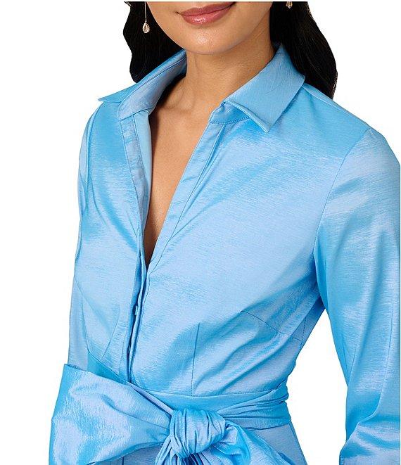 Adrianna Papell Silky Taffeta Collared V-Neck Oversize Bow Sash 3/4 Sleeve Button Front Shirt Midi Dress Product Image