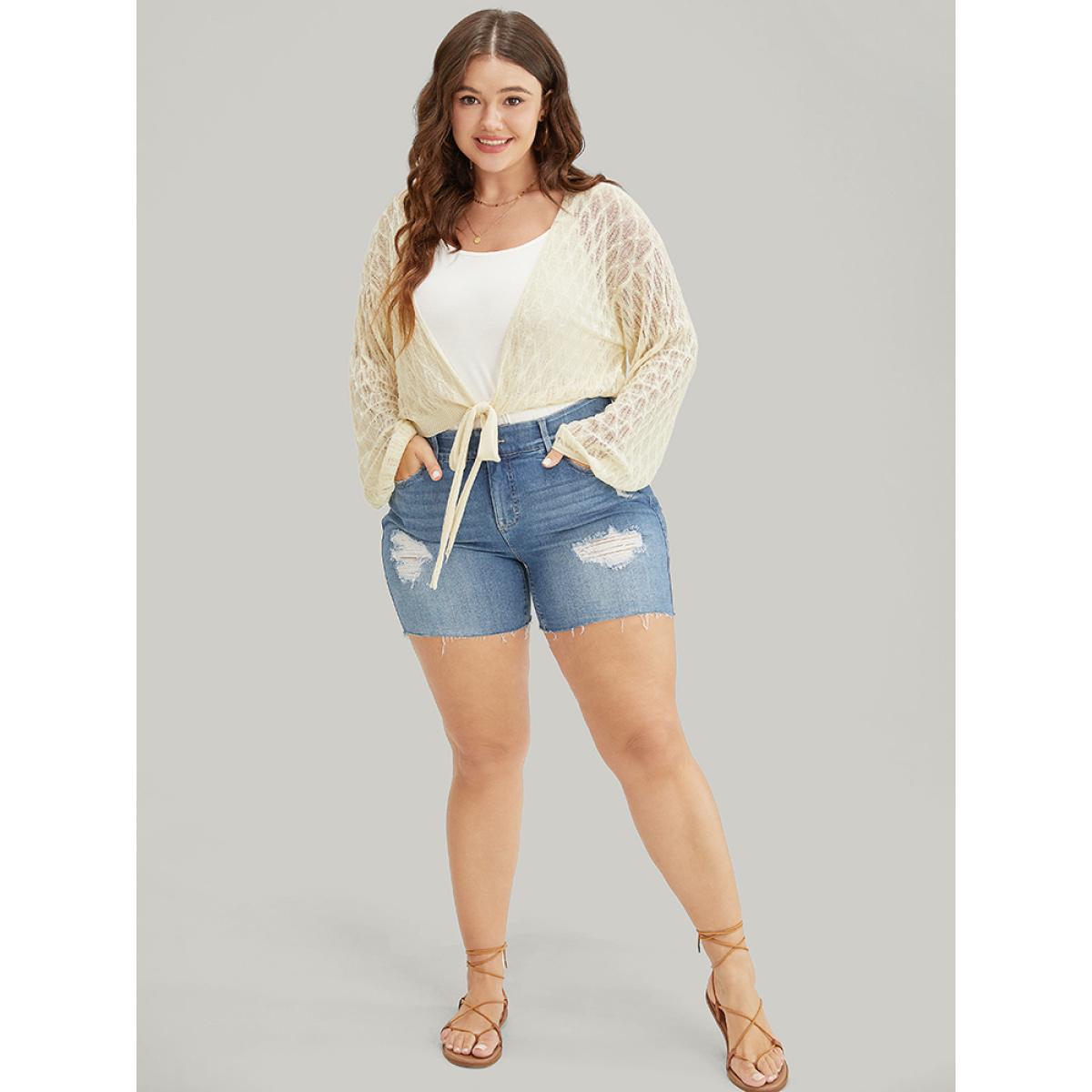 Plus Size Plain Argyle Eyelet Knotted Open Front Cardigan Beige Women Vacation Long Sleeve Going out Cardigans BloomChic 26/4X Product Image