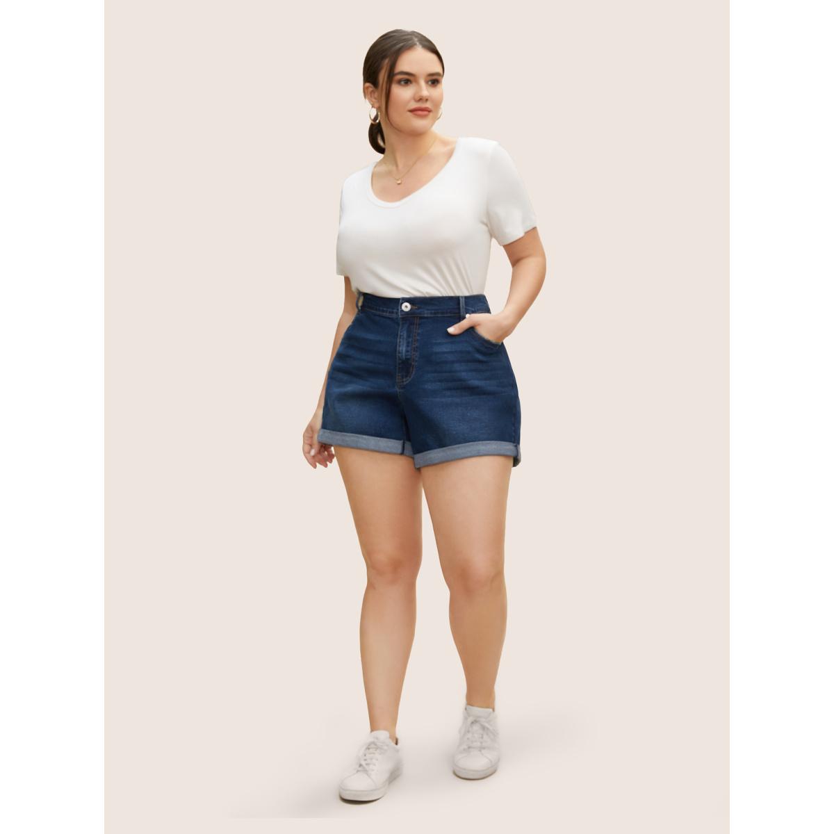 Plus Size Dark Wash Roll Hem Button Up Denim Shorts Women Denimblue Roll Hem High stretch Everyday Slanted pocket Casual Denim Shorts BloomChic 24/3X Product Image