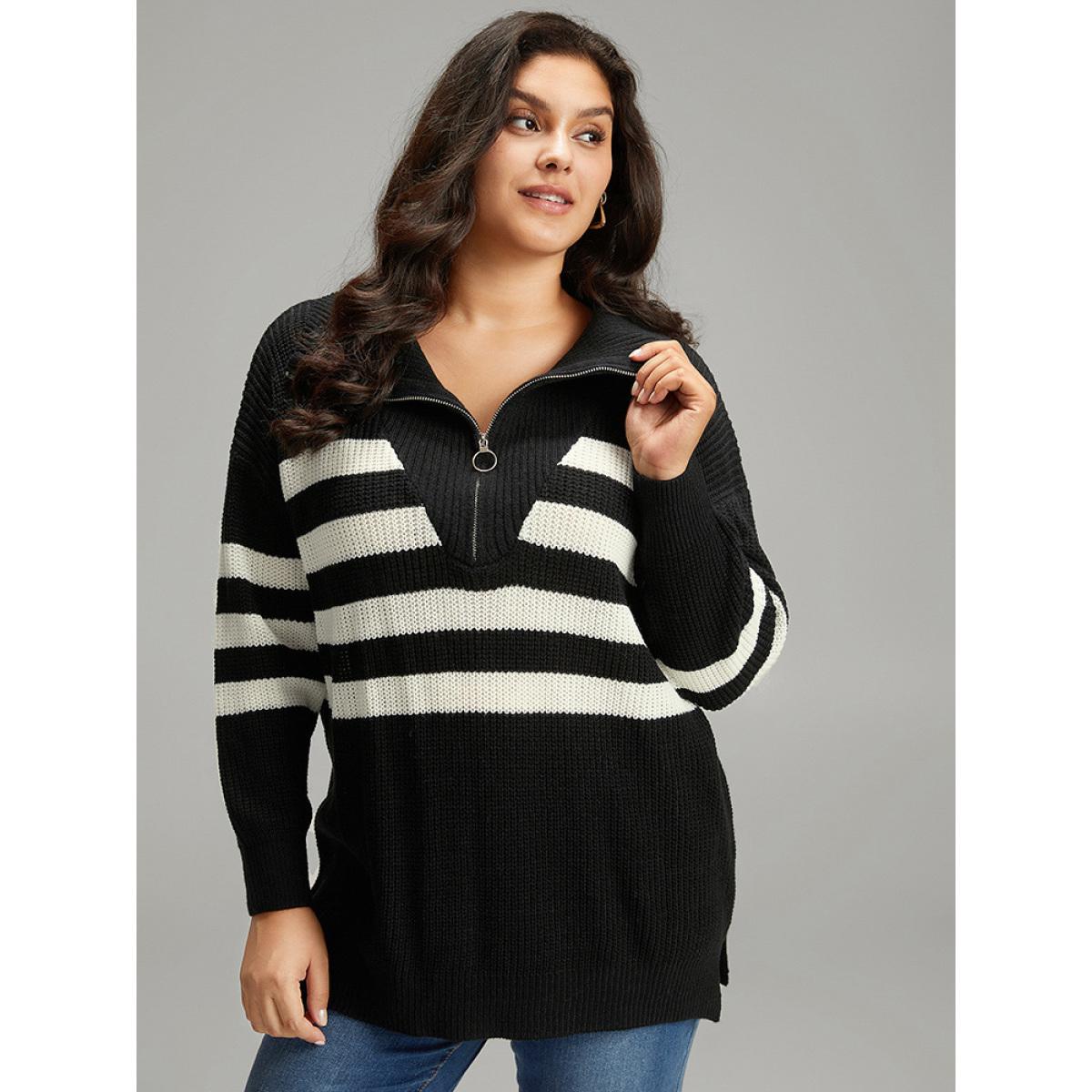Plus Size Striped Zipper Lapel Collar Drop Shoulder Pullover Black Women Casual Loose Long Sleeve Lapel Collar Dailywear Pullovers BloomChic 14-16/1X Product Image