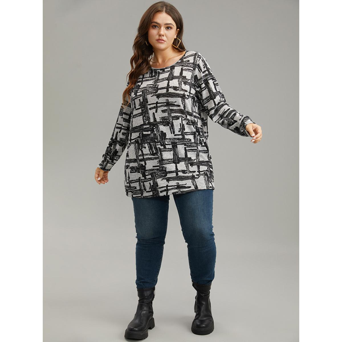 Plus Size Plaid Graffiti Round Neck T-shirt DimGray Women Casual Printed Graffiti Round Neck Dailywear T-shirts BloomChic 12/L Product Image