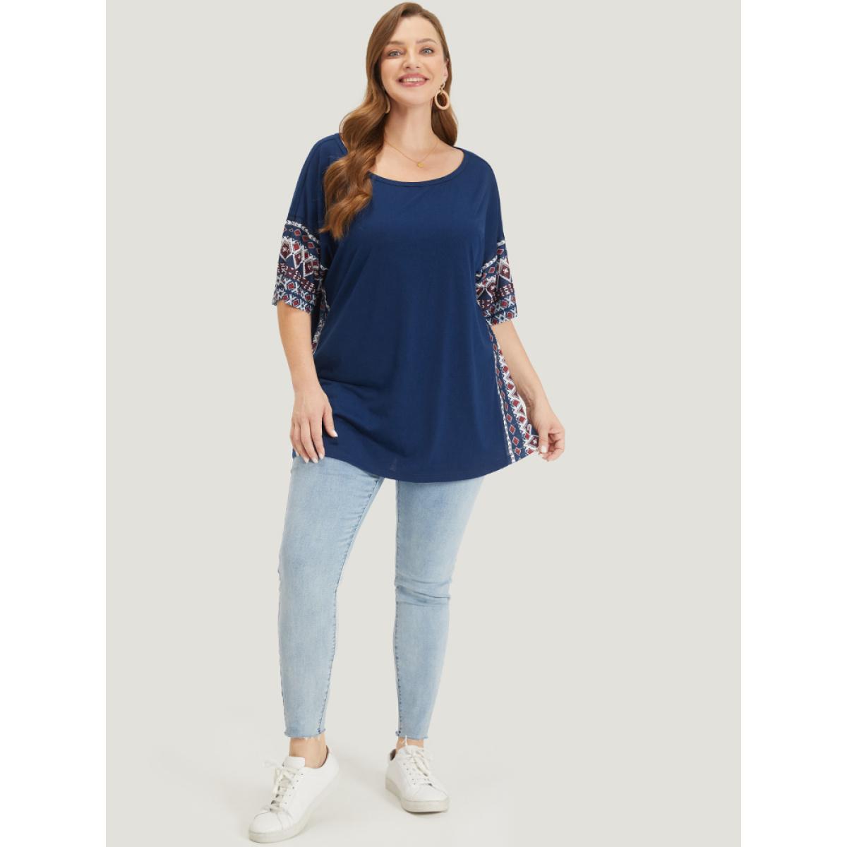 Plus Size Bandana Print Patchwork Crew Neck T-shirt Indigo Women Casual Patchwork Bohemian Print Round Neck Dailywear T-shirts BloomChic 12/L Product Image