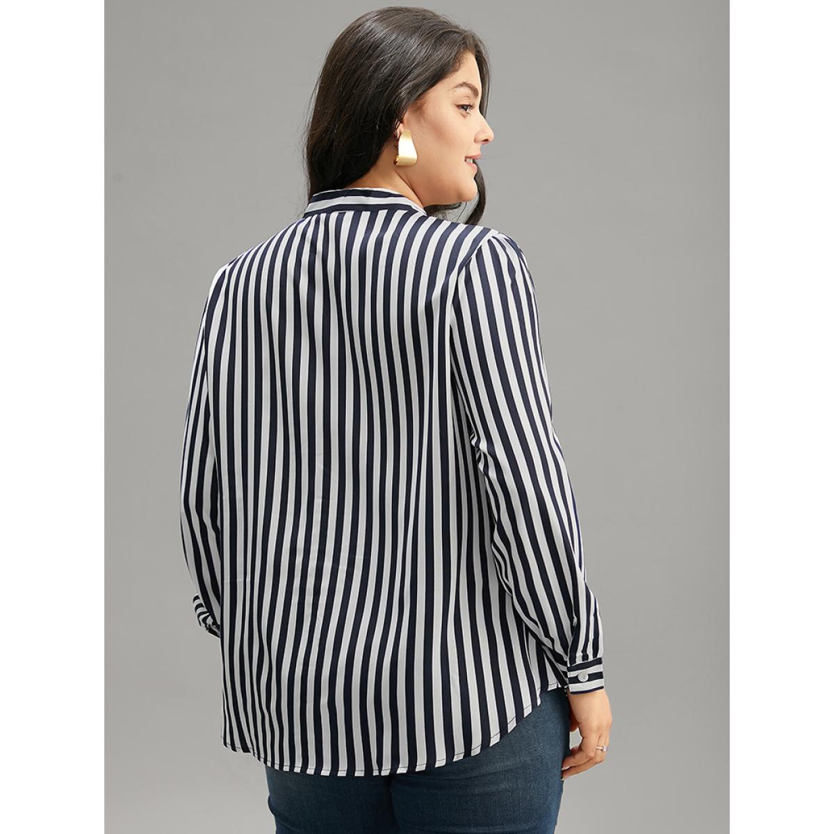 Plus Size Indigo Striped Bowknot V Neck Curved Hem Woven Top Women Office Long Sleeve Shirt collar Office Blouses BloomChic 18-20/2X Product Image