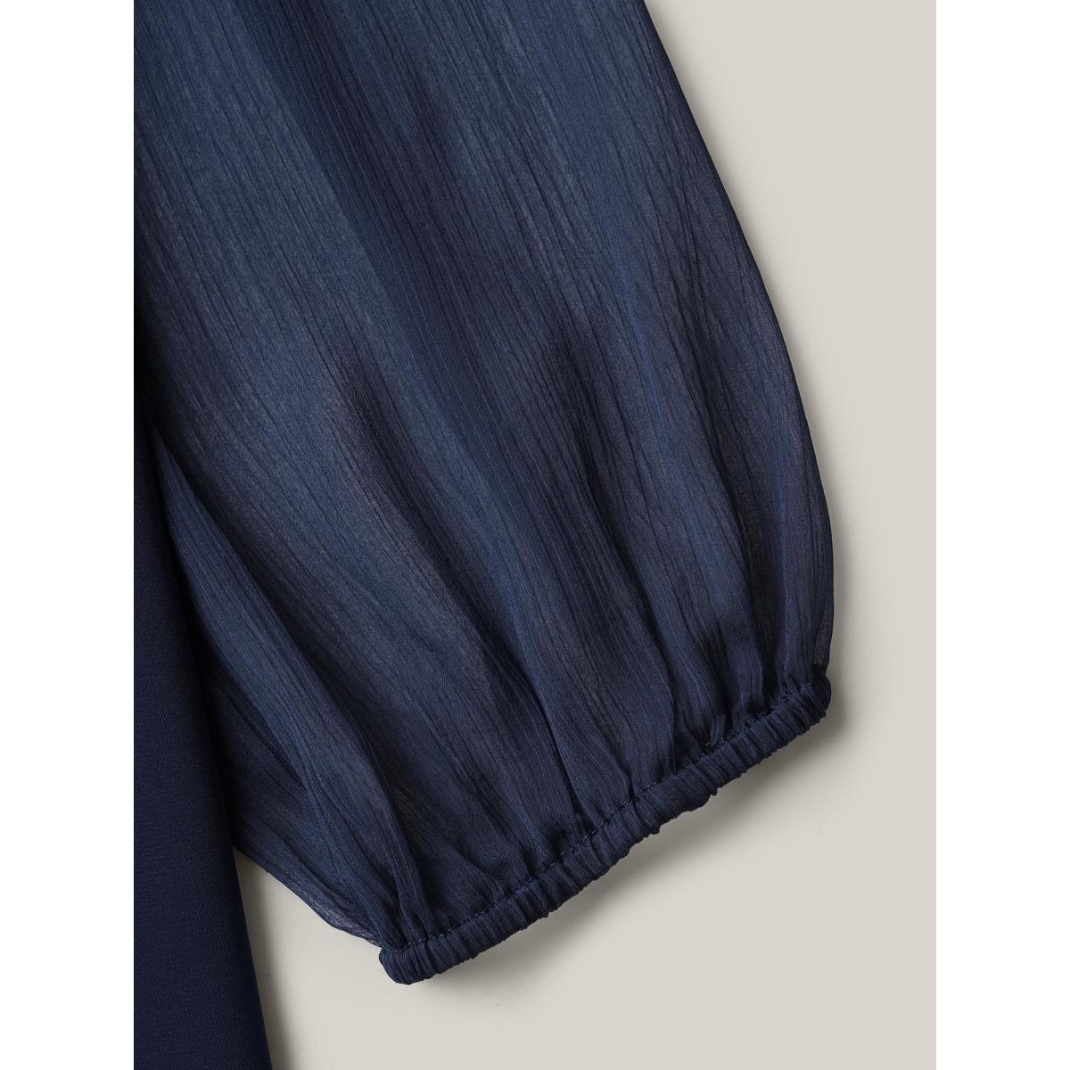 Plus Size Indigo Mixed Fabric Sheer Puff Sleeve Shirt Women At the Office Extra Long Sleeve V-neck Work Blouses BloomChic 28/5X Product Image