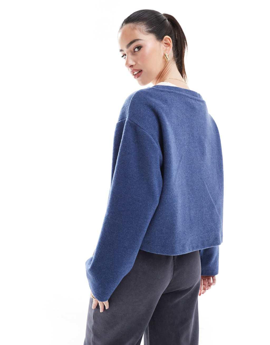 Miss Selfridge soft touch ribbed oversized long sleeve top in blue Product Image